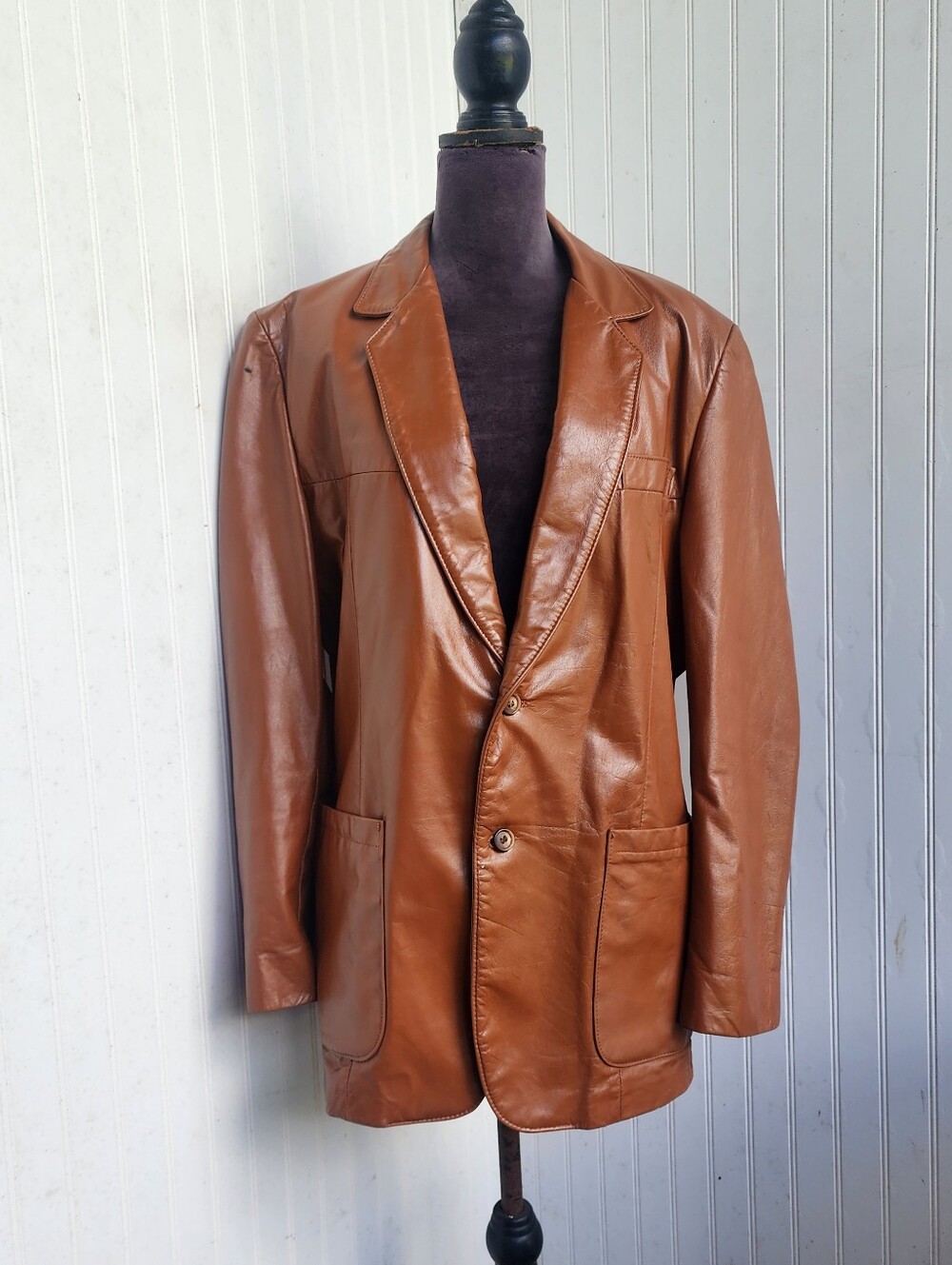 Vintage 1970s Cresco Leather Jacket Men's Cognac Brown w/Satin Lining Sz 42